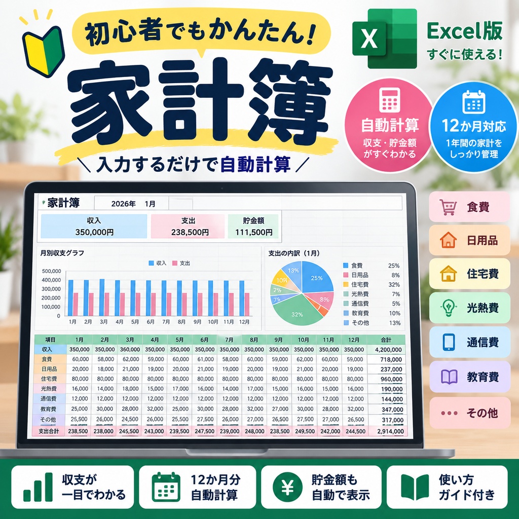 初心者向けかんたん家計簿｜Excel・12か月対応・自動計算付き