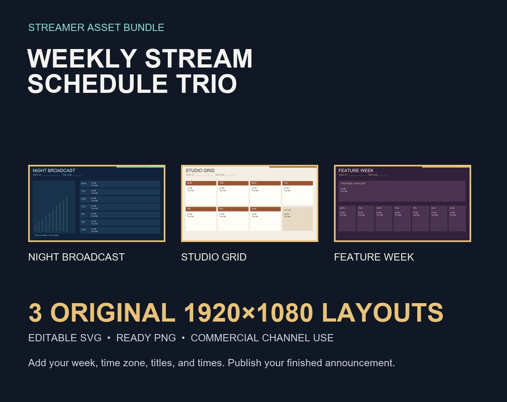 Weekly Stream Schedule Layout Trio|VTuber・配信者向け週間スケジュールテンプレート