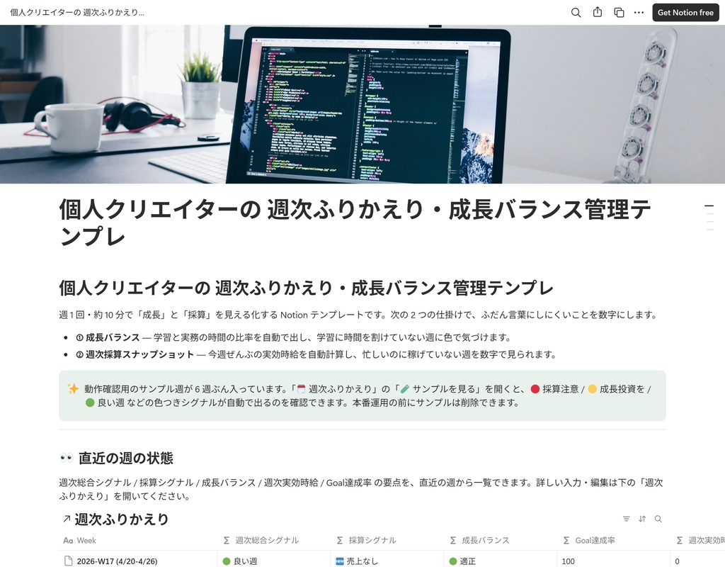 個人クリエイターの 週次ふりかえり・成長バランス管理テンプレ