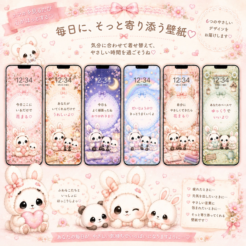 ふわもこ♡ふわっと心がゆるむ♡やさしいメッセージスマホ壁紙 6枚セット
