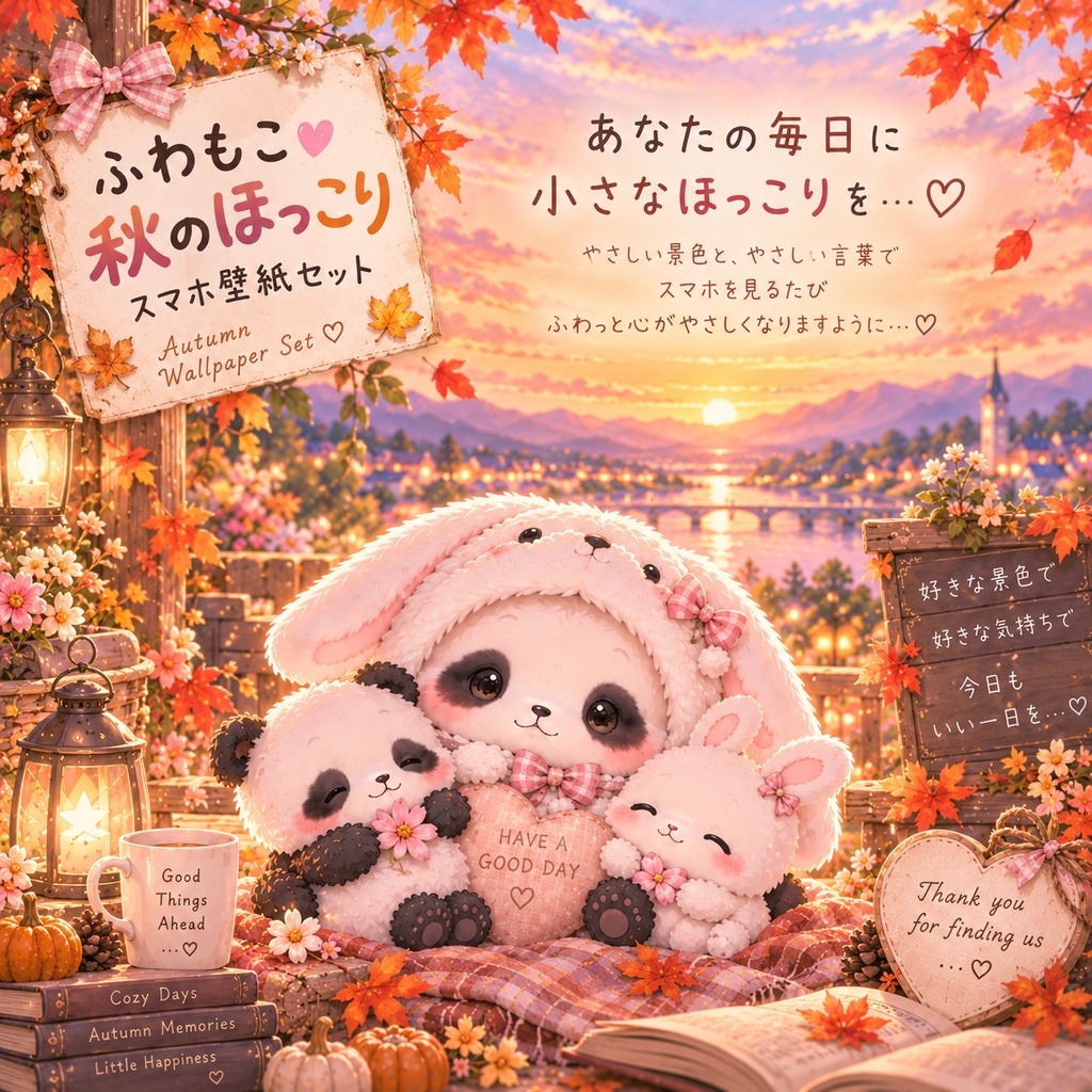 ふわもこうさぎパンダ♡秋のほっこりスマホ壁紙 6枚セット🍂