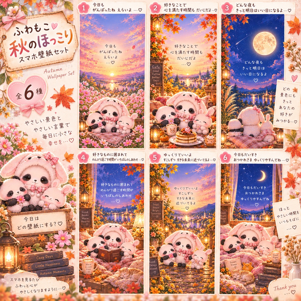 ふわもこうさぎパンダ♡秋のほっこりスマホ壁紙 6枚セット🍂