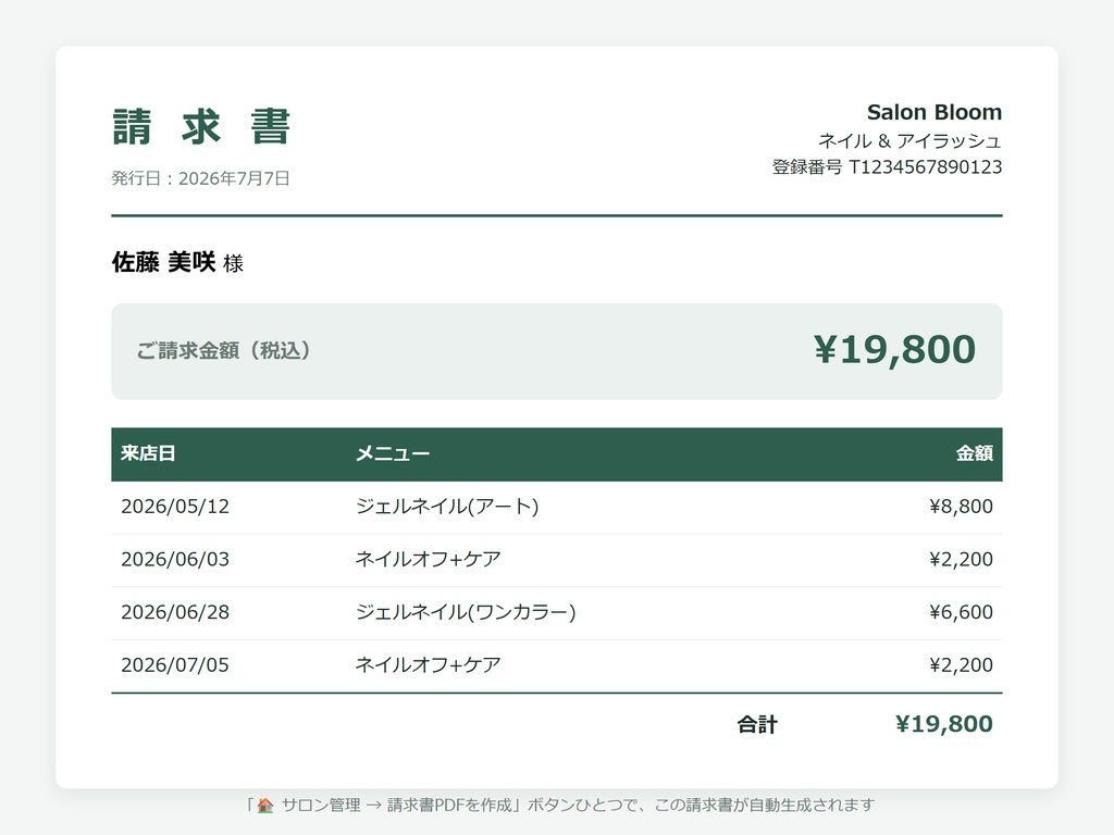 個人サロンの顧客カルテ&売上管理テンプレ|来店1行で自動集計・請求書PDF発行(Googleスプレッドシート)