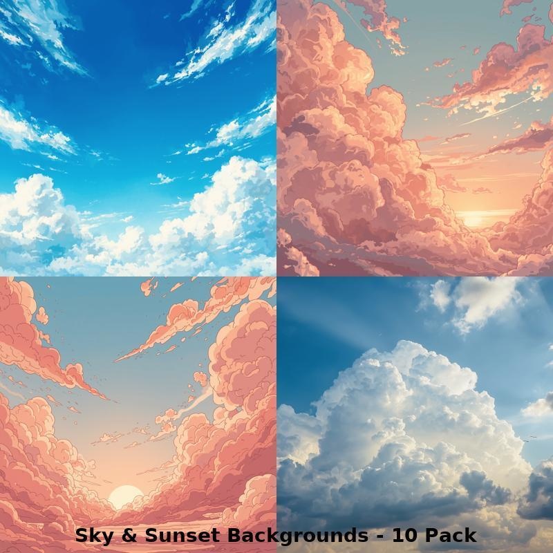 アニメ風・青空と夕焼けの背景素材 10枚セット