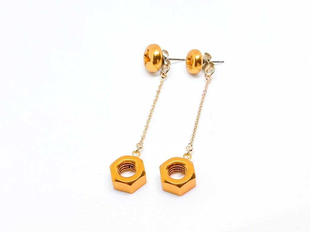 金メッキチェーン付きアルミ六角ナットピアスキャッチ