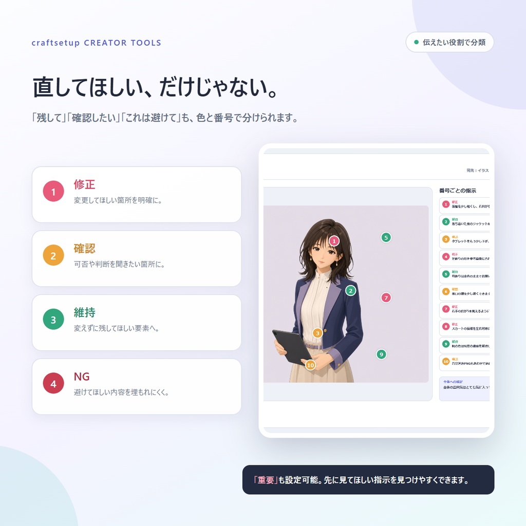 修正指示シートメーカー|画像に番号を置いて修正内容を1枚に整理できるオフラインツール