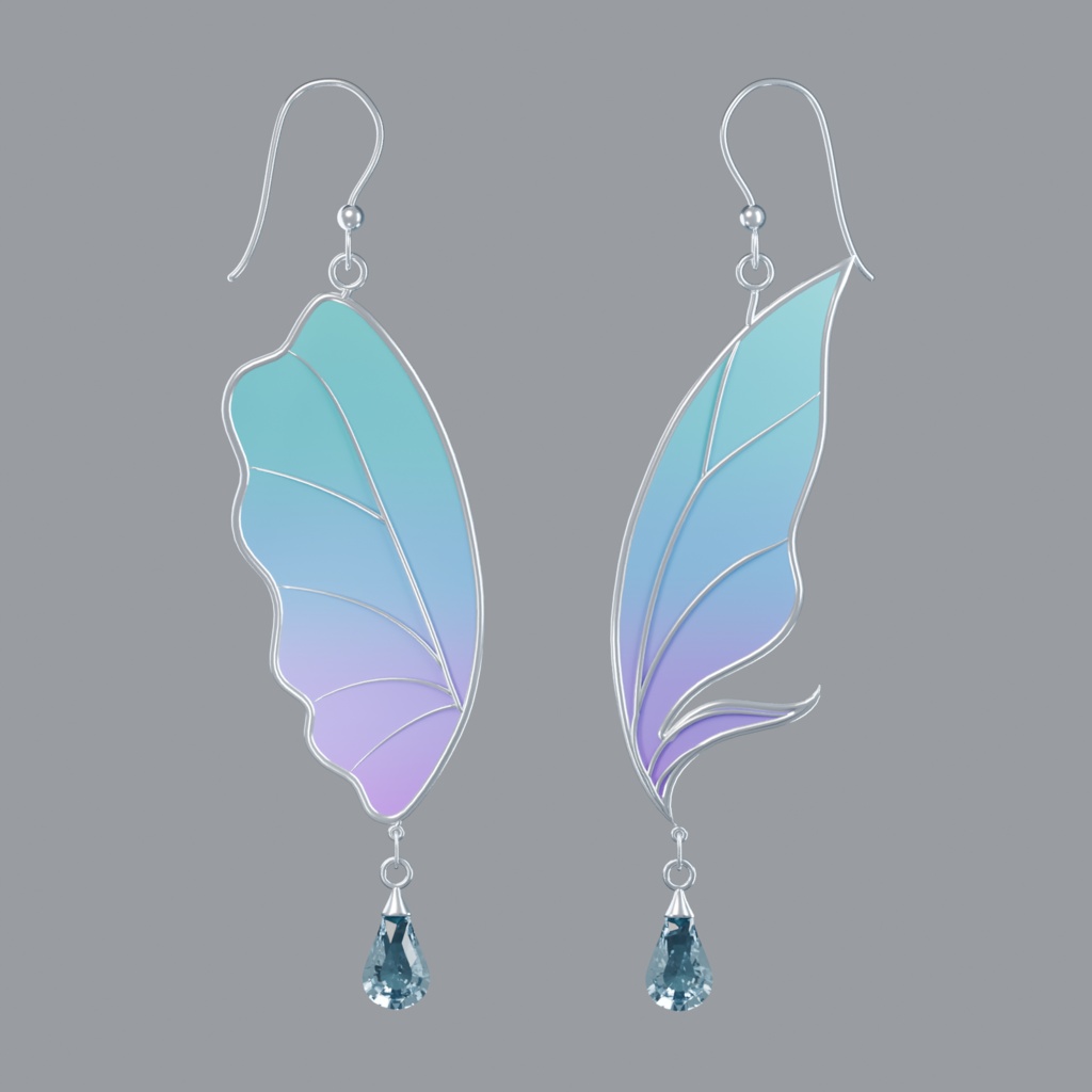 【VRChat向け】Butterfly Dew Earrings|銀縁の妖精蝶とガラス雫・PhysBone対応