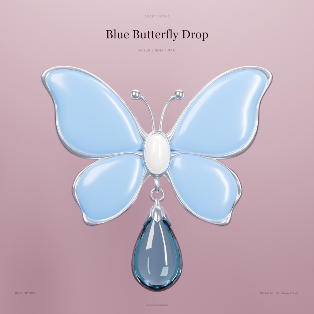 Blue Butterfly Drop|青い蝶とクリスタルの雫の髪飾り【VRChat・PC/PhysBone】