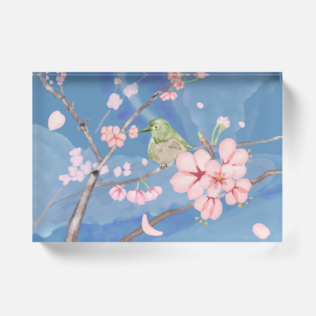 メジロと桜(アクリルブロック(クリアタイプ))