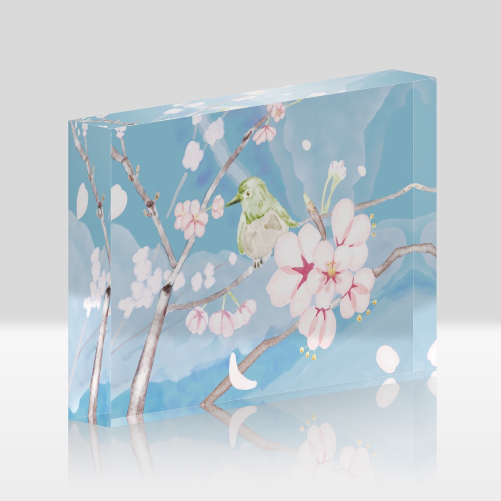 メジロと桜（アクリルブロック（クリアタイプ））