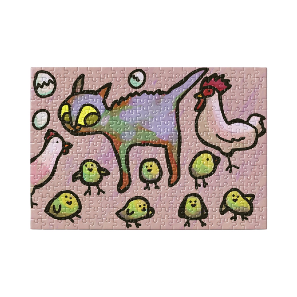 鶏一家に囲まれた猫のパズル