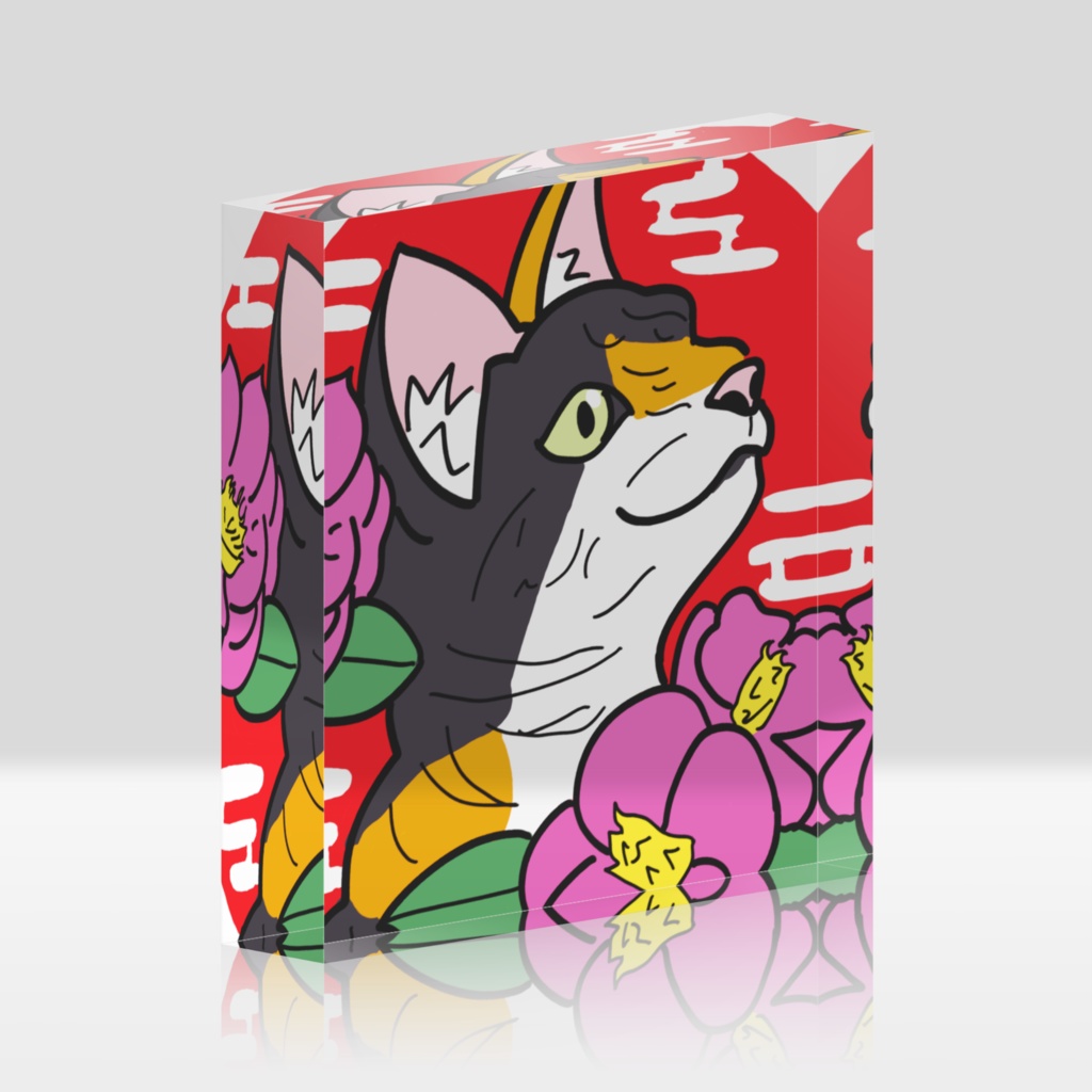 猫と椿アクリルブロック