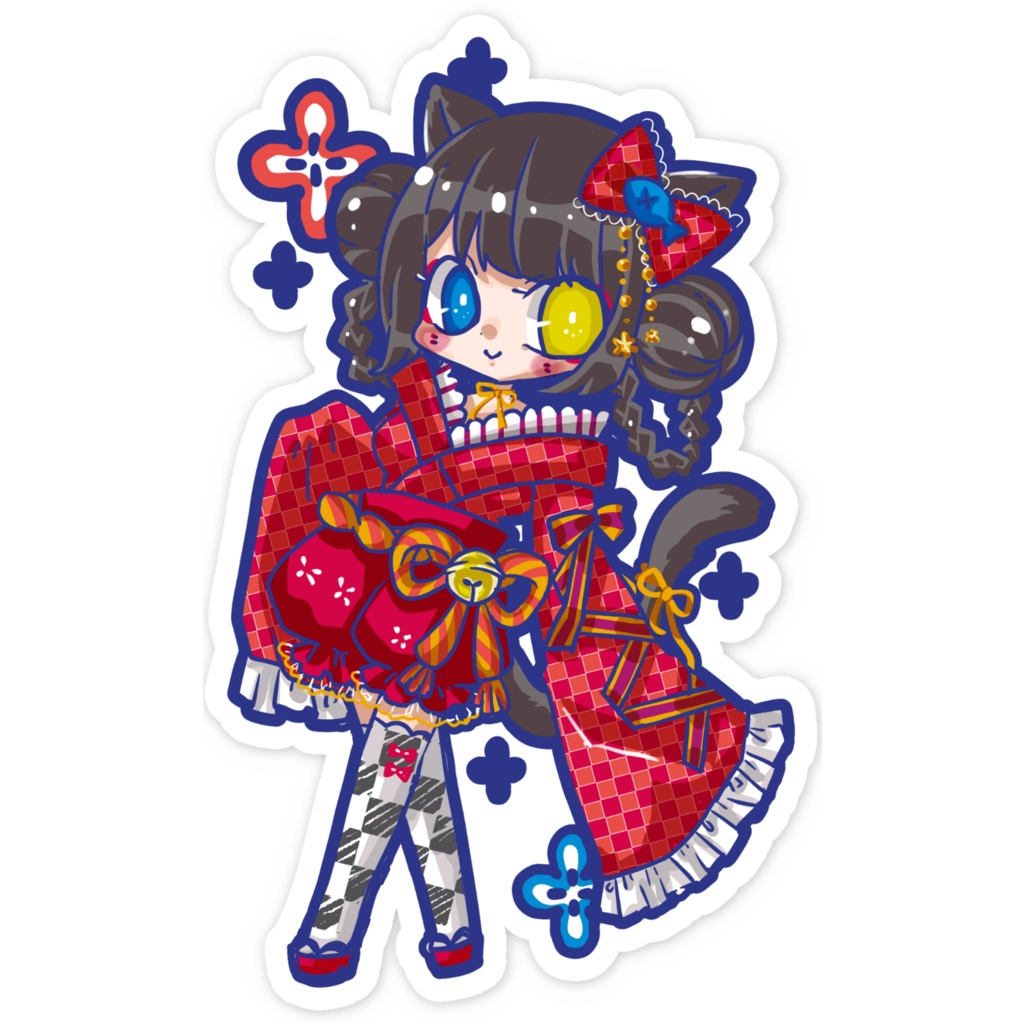 猫娘スマホステッカー市松・猫娘スマホステッカー矢絣