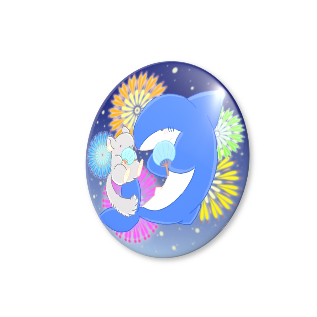 花火と、うちわを持ったチンチラとサメの、缶バッジ