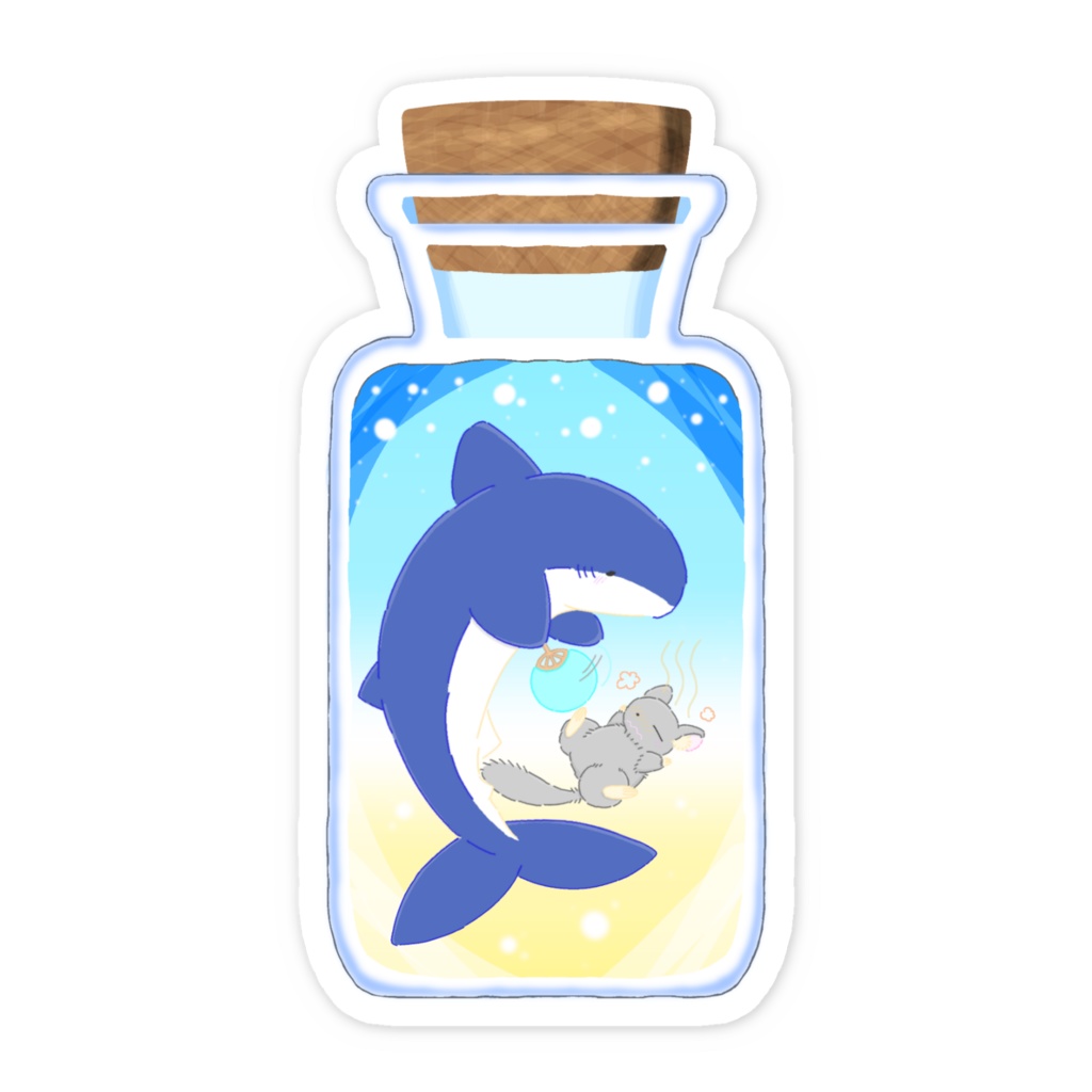 暑がるチンチラをうちわで扇ぐサメのスマホステッカー