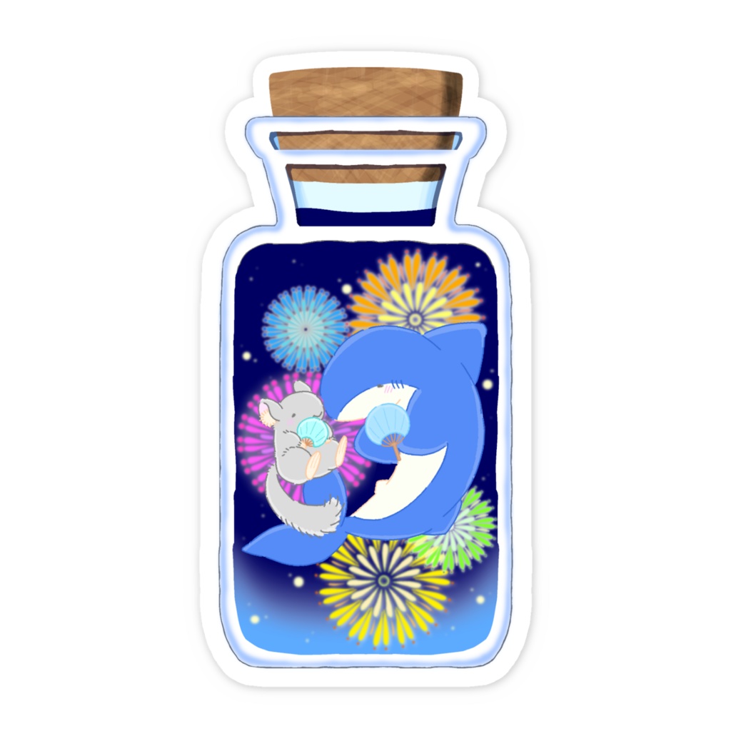 花火と、うちわを持ったチンチラとサメの、スマホステッカー