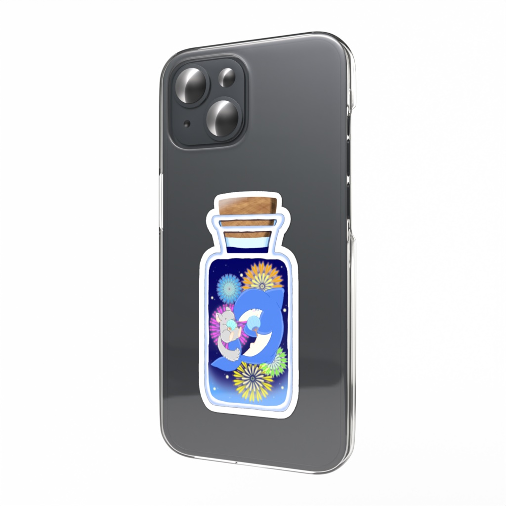 花火と、うちわを持ったチンチラとサメの、スマホステッカー