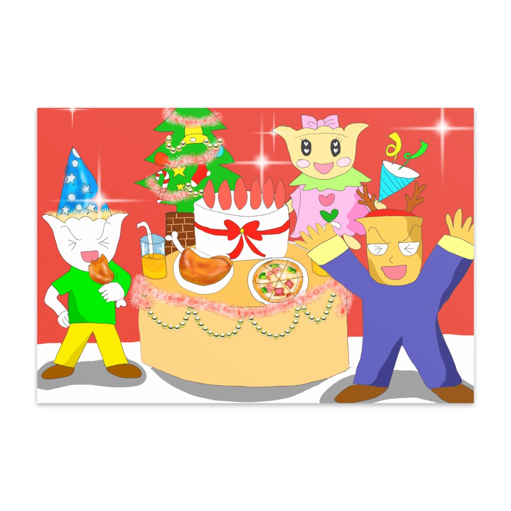 ギョーザマン達のクリスマスパーティーイラストポストカード