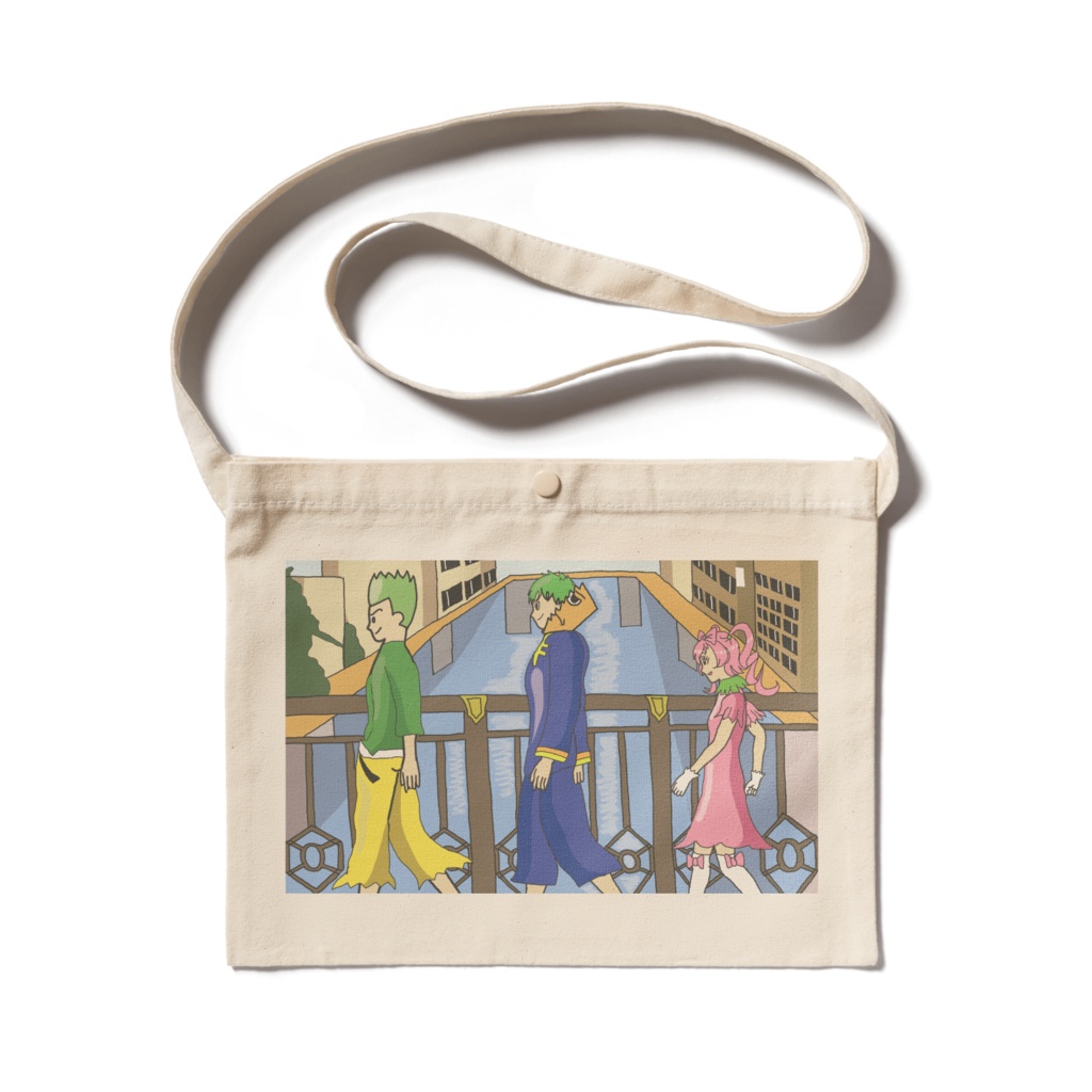 ギョーザ、春巻き、都会の川イラストサコッシュ