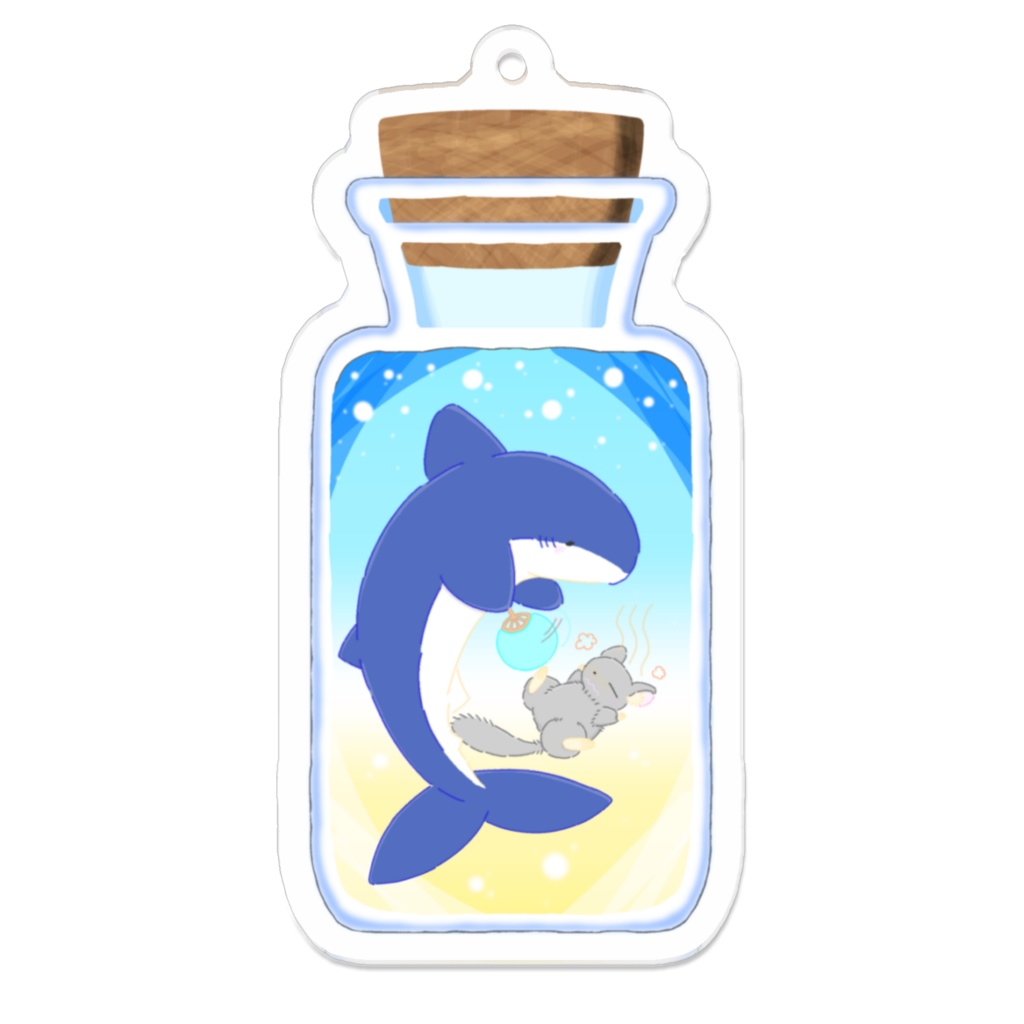 「暑がるチンチラをうちわで扇ぐサメ」のアクリルキーホルダー