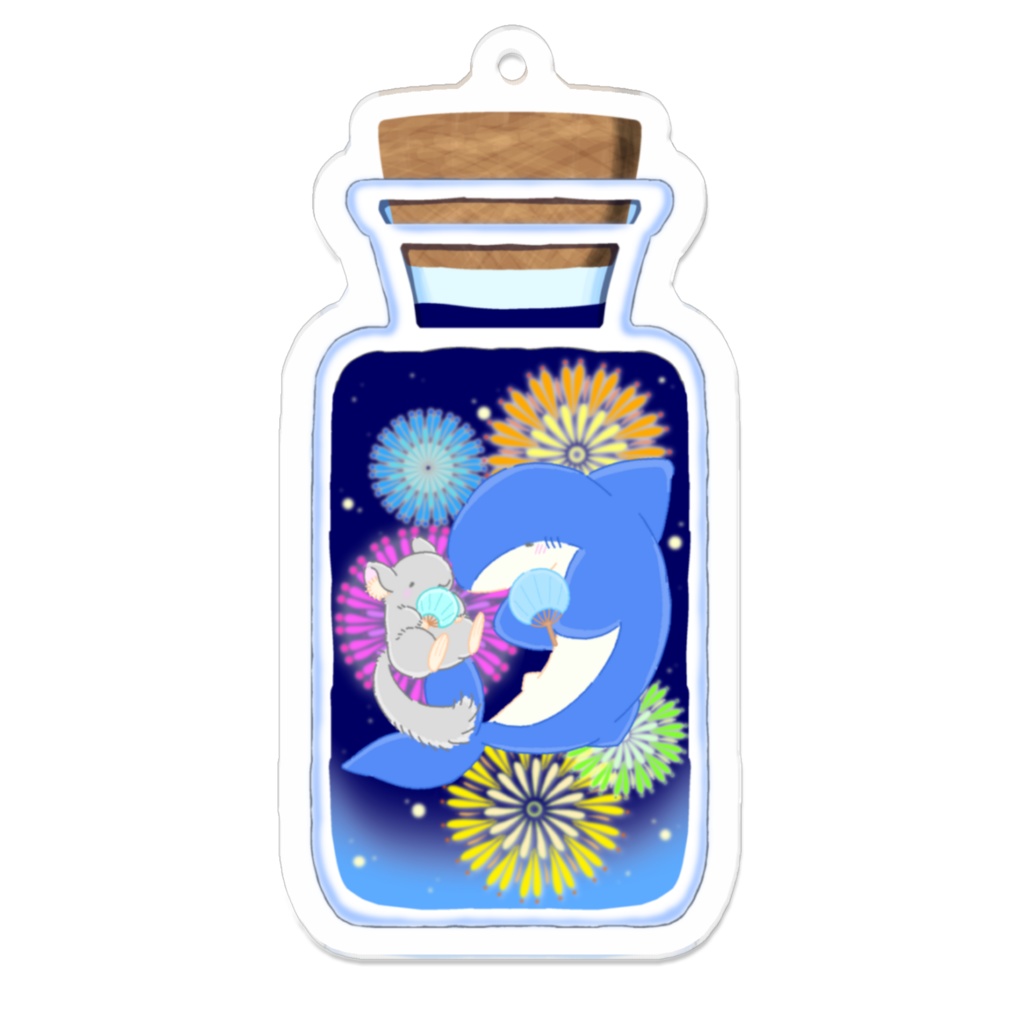 「花火と、うちわを持ったチンチラとサメ」のアクリルキーホルダー