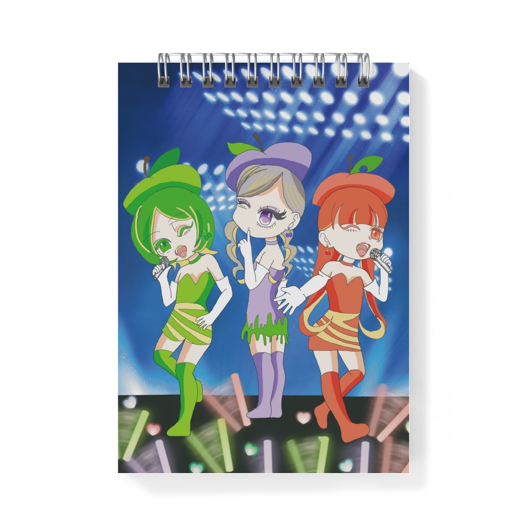 メモ帳リンゴ3人娘ステージイラスト