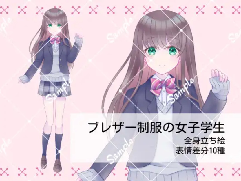 ブレザー制服の女子学生 全身立ち絵_表情差分10種