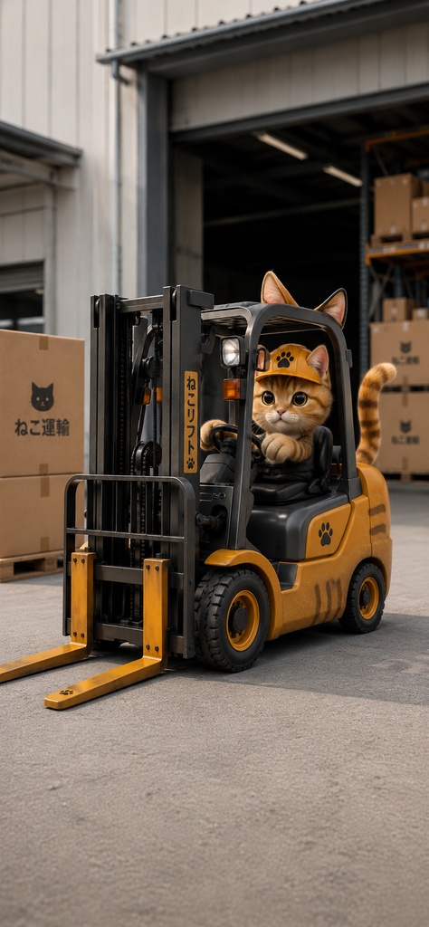 働く倉庫ネコ　    Working Warehouse Cat Driving a Forklift