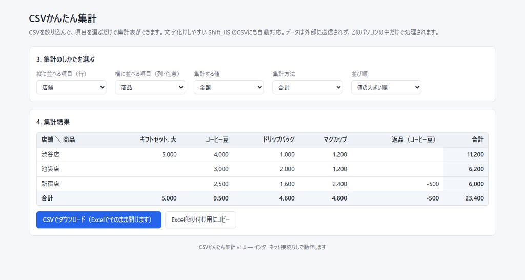CSVかんたん集計｜文字化けしない・インストール不要のCSV集計ツール