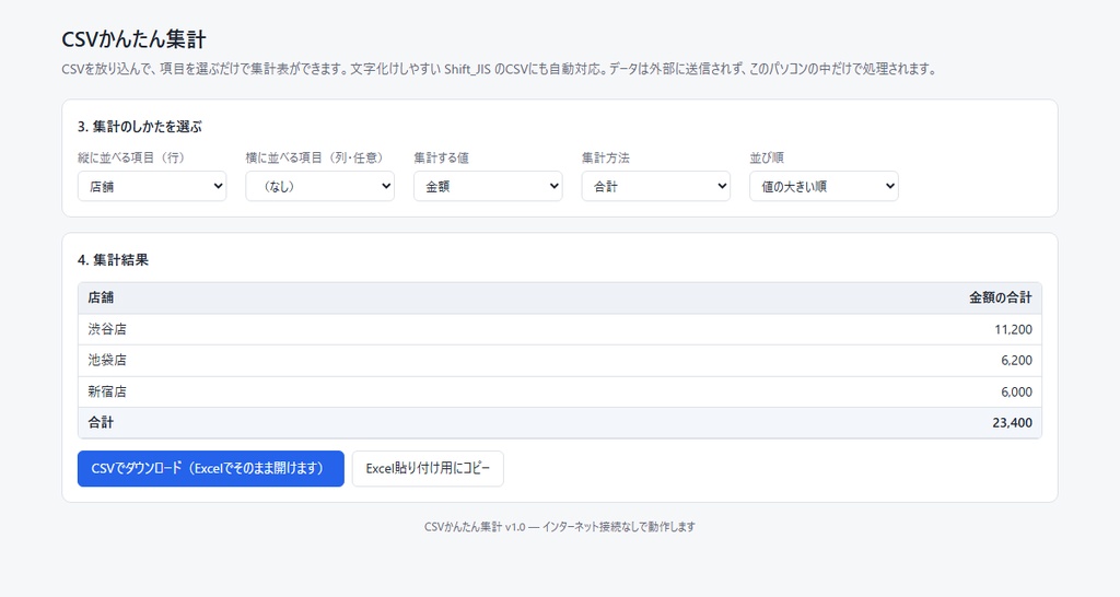 CSVかんたん集計|文字化けしない・インストール不要のCSV集計ツール