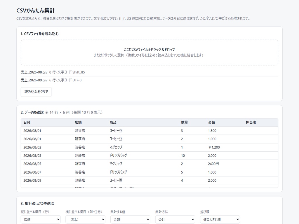 CSVかんたん集計|文字化けしない・インストール不要のCSV集計ツール