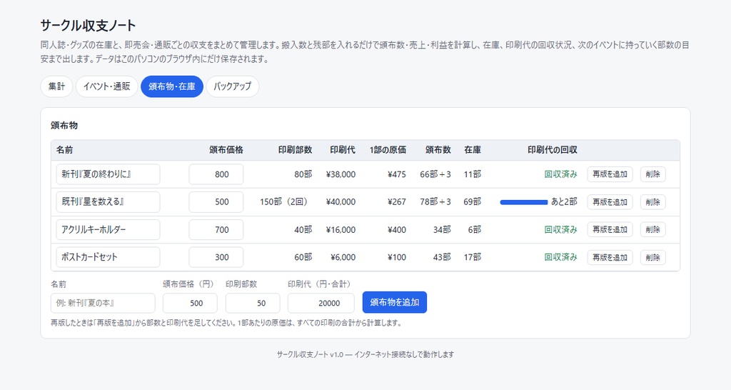 サークル収支ノート|同人誌・グッズの在庫と即売会の収支を自動計算