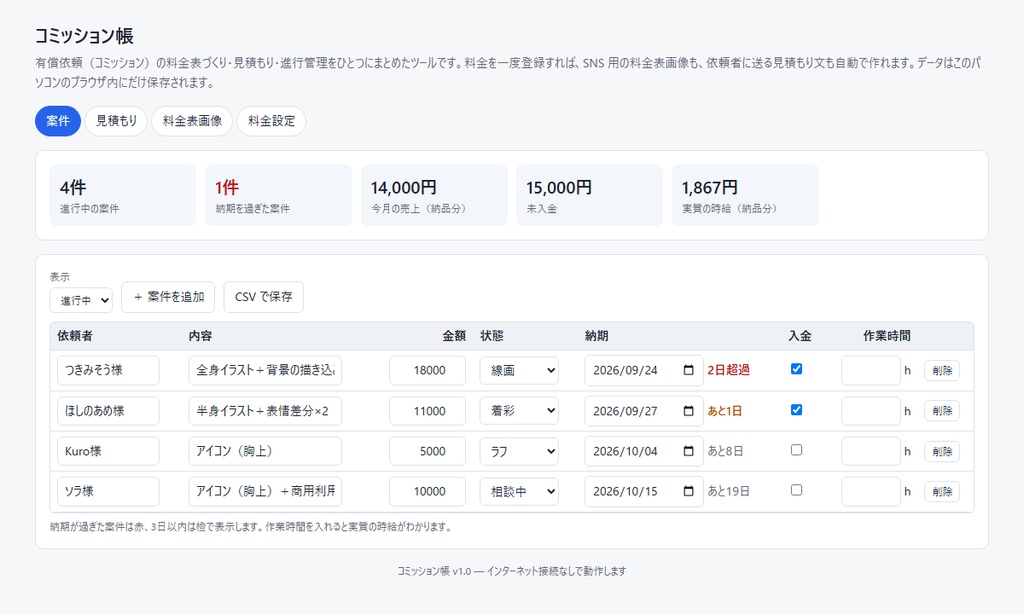 コミッション帳|料金表画像・見積もり文・進行管理をひとつに(有償依頼の管理ツール)