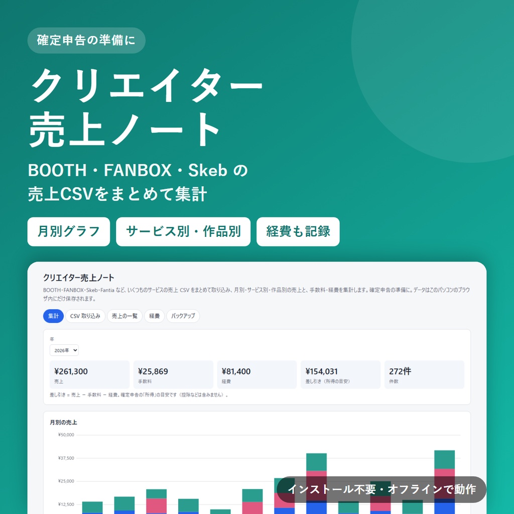 クリエイター売上ノート｜BOOTH・FANBOX・Skeb などの売上CSVをまとめて集計（確定申告の準備に）