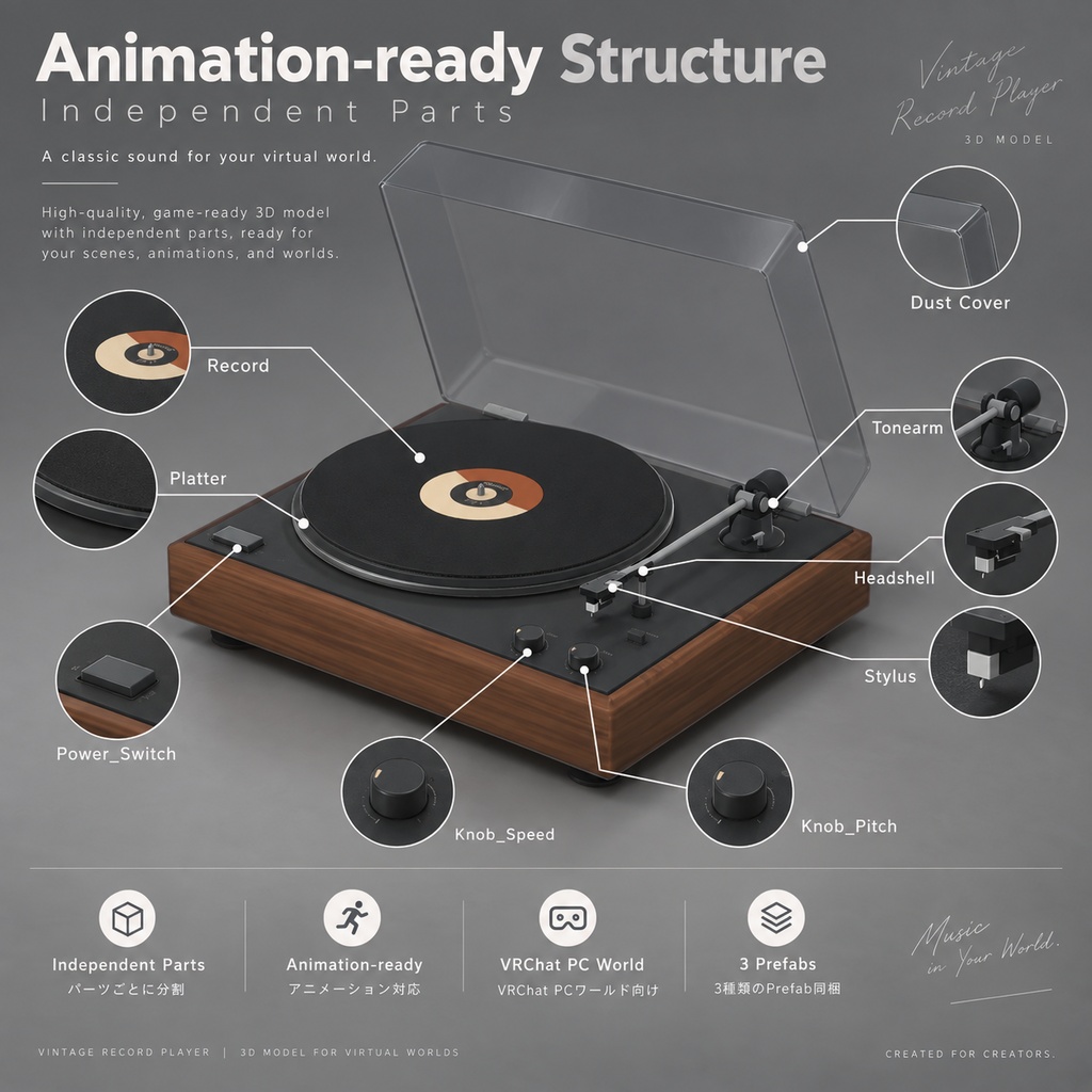 【VRChat PC World対応 / 3Dモデル】ヴィンテージ木製レコードプレーヤー|UnityPackage・BLEND・GLB