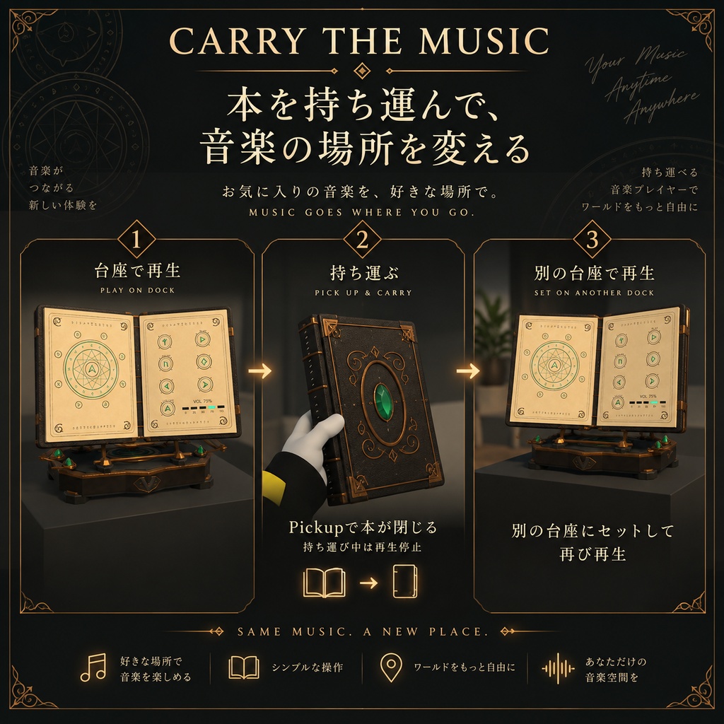 【VRChat PC World対応】Enchanted Grimoire|魔導書型Music Player【BGM差し替え・8Track・複数台座】