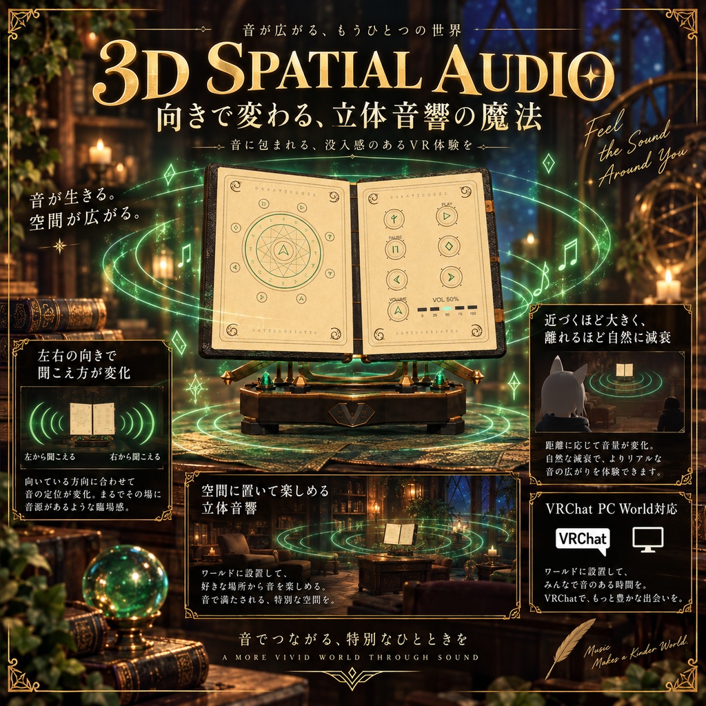 【VRChat PC World対応】Enchanted Grimoire|魔導書型Music Player【BGM差し替え・8Track・複数台座】