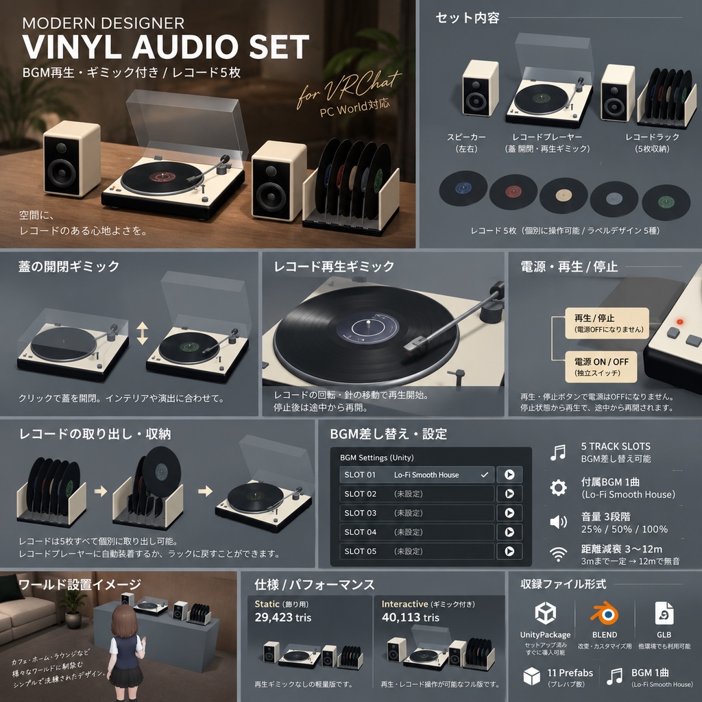 【VRChat PC World対応 / 3Dモデル】モダンレコードプレーヤー&スピーカーセット|レコード5枚・BGM再生・ギミック付き|UnityPackage・BLEND・GLB