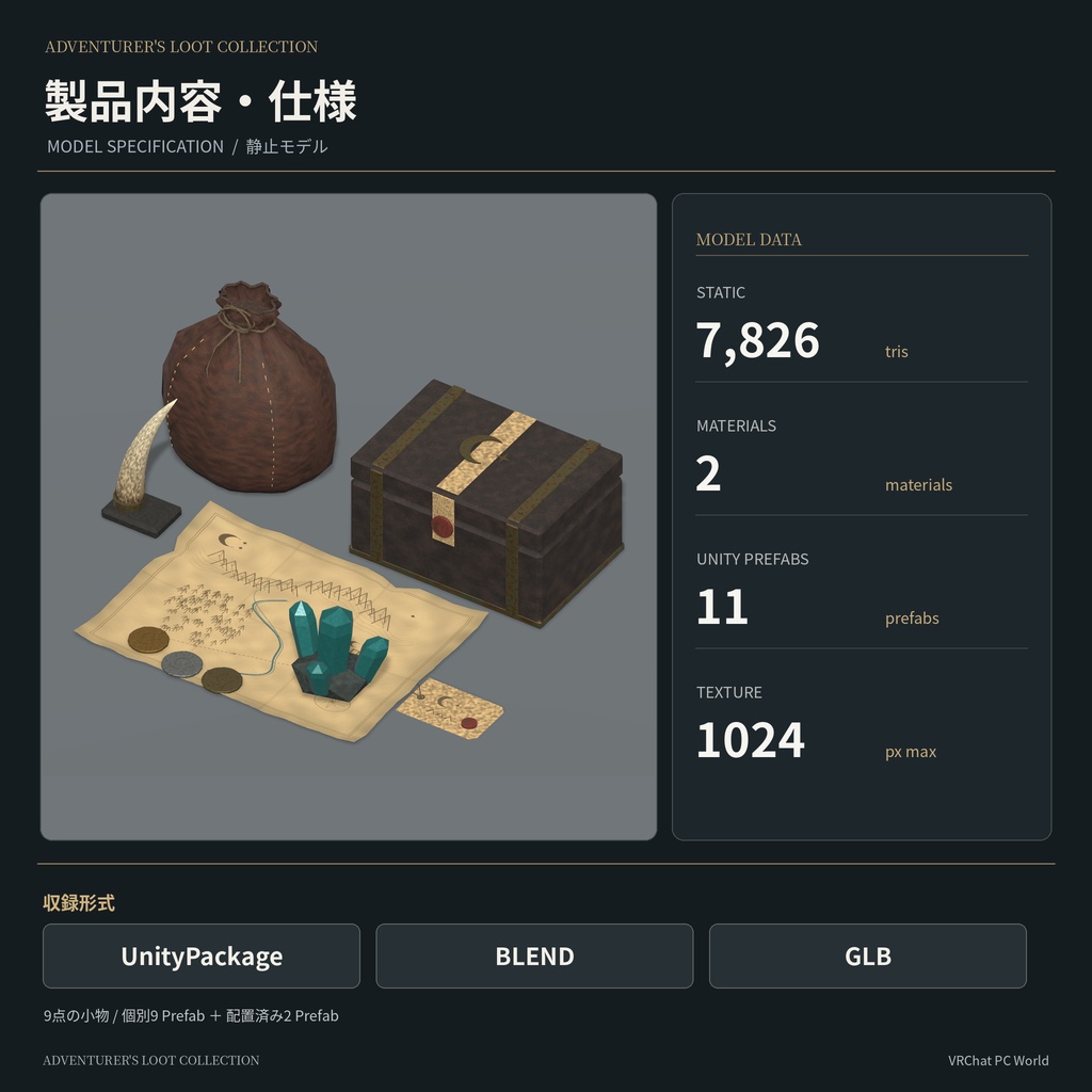 【VRChat PC World対応 / 3Dモデル】冒険帰りの戦利品セット|ファンタジー小物9点・古代硬貨・魔晶石・探索地図|UnityPackage・BLEND・GLB