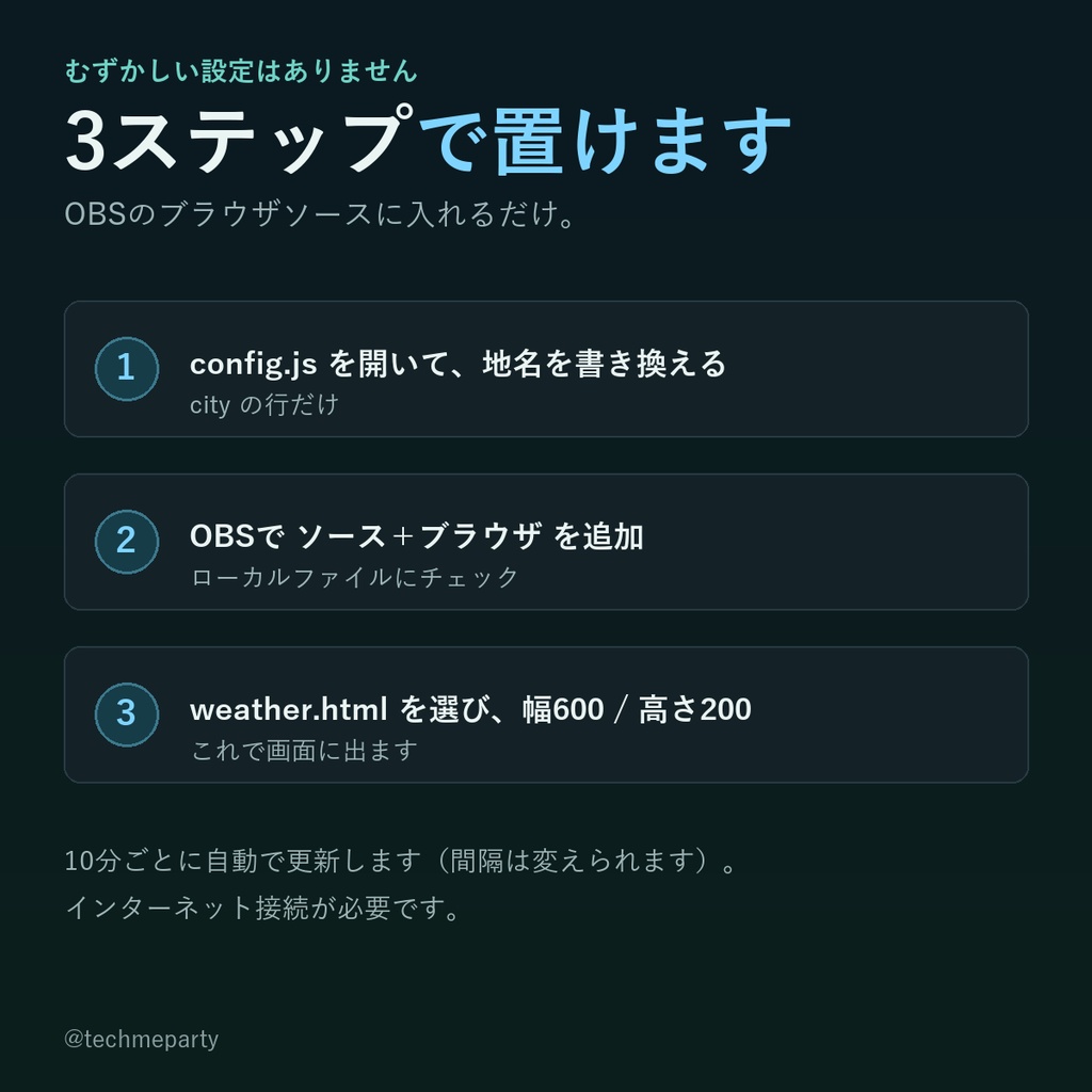 【OBS透過】お天気ウィジェット|APIキー不要・日本語の地名でそのまま設定・色1つで統一【商用可】
