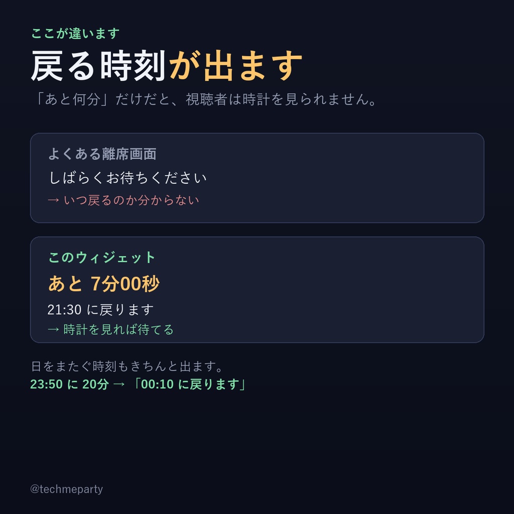 【OBS透過】離席タイマー|あと何分と戻る時刻を表示・クリックで開始・わんコメ不要【商用可】