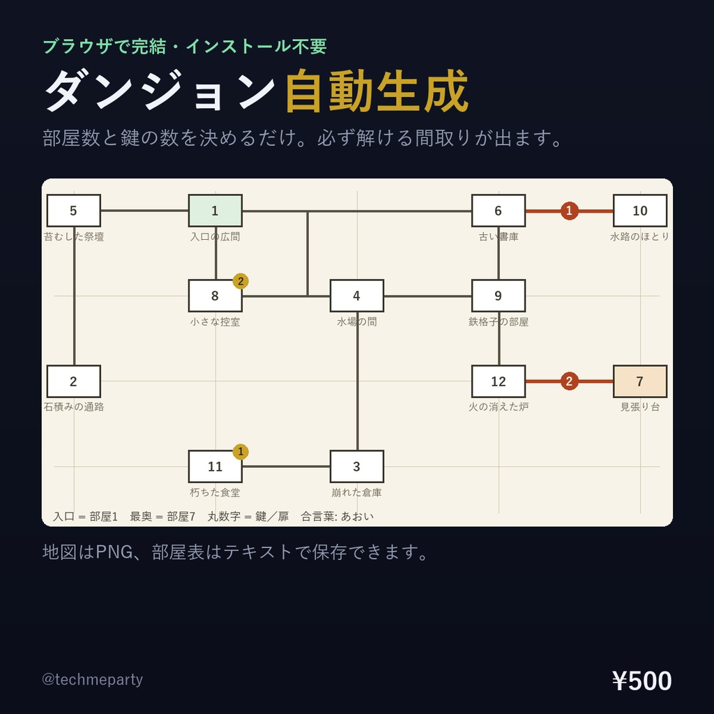 【ブラウザで完結】TRPGダンジョン自動生成｜必ず解ける間取りと部屋表・合言葉で再現・インストール不要【商用可】