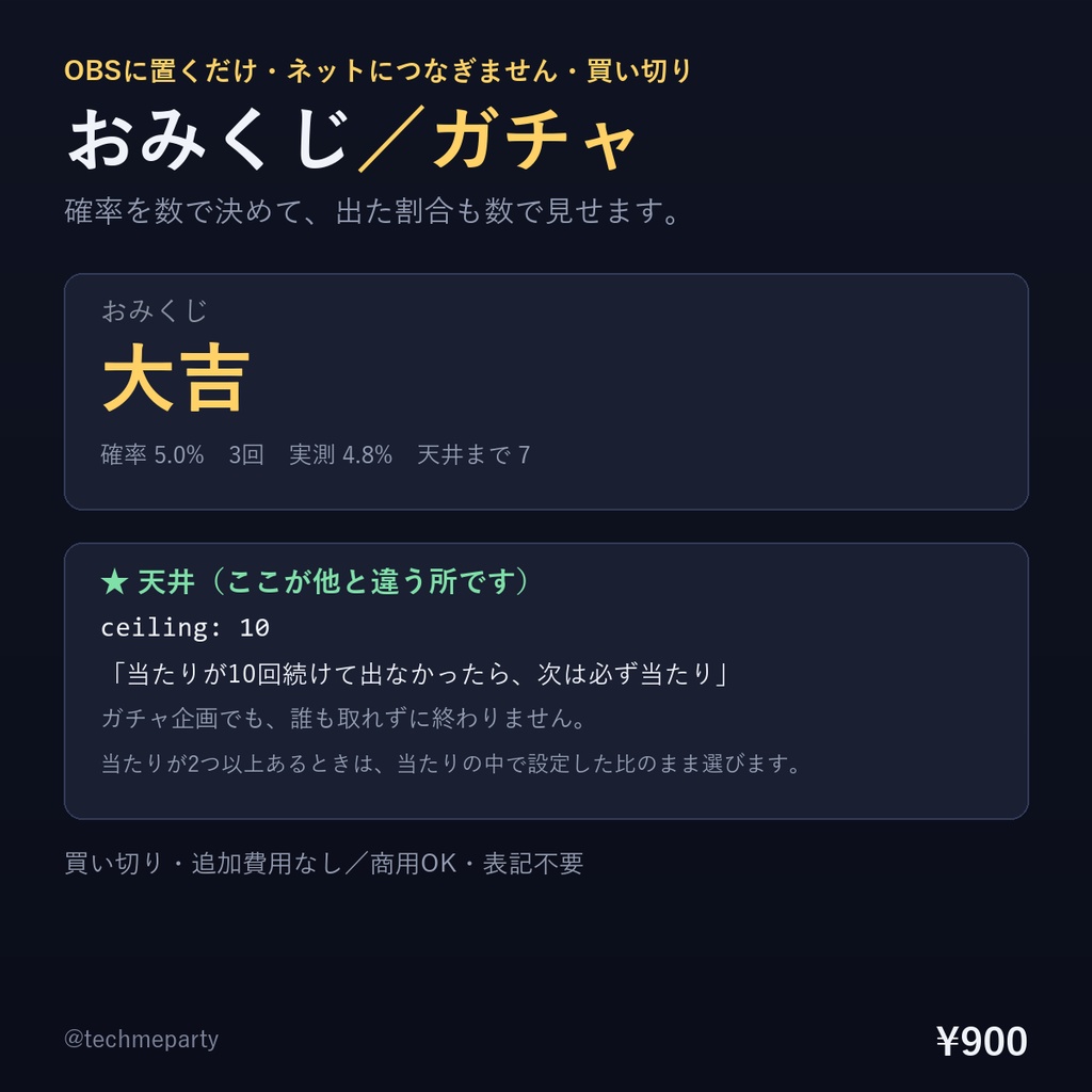 【OBS透過】おみくじ／ガチャ ウィジェット｜天井つき・確率を数で指定・実測も表示【商用可】