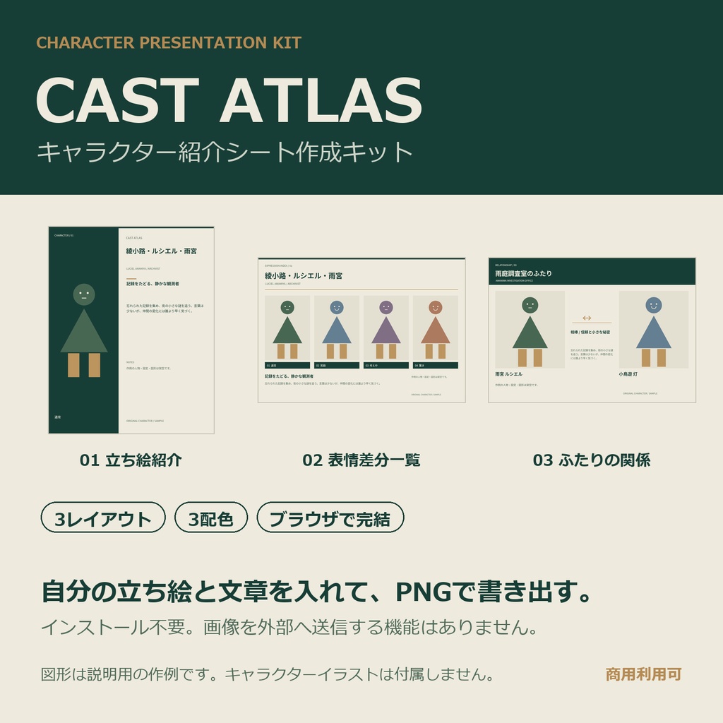 【商用利用可】CAST ATLAS｜キャラクター紹介シート作成キット｜3レイアウト×3配色・ブラウザで完結・PNG書き出し