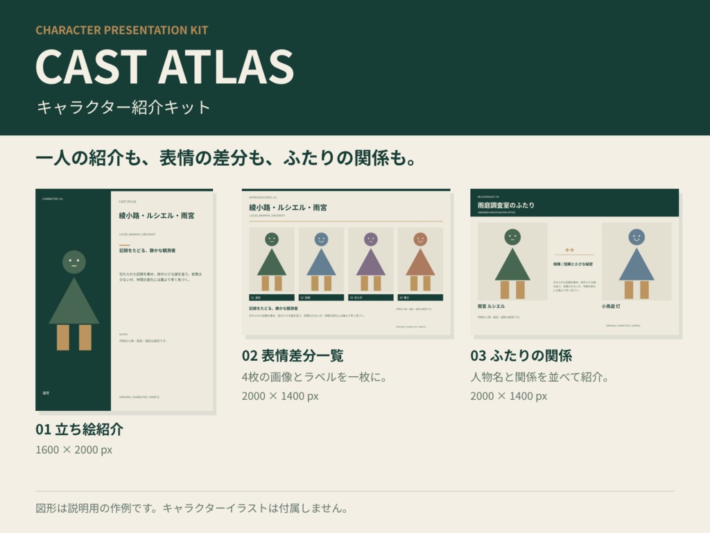 【商用利用可】CAST ATLAS|キャラクター紹介シート作成キット|3レイアウト×3配色・ブラウザで完結・PNG書き出し
