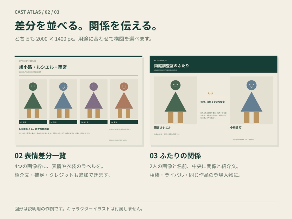 【商用利用可】CAST ATLAS|キャラクター紹介シート作成キット|3レイアウト×3配色・ブラウザで完結・PNG書き出し