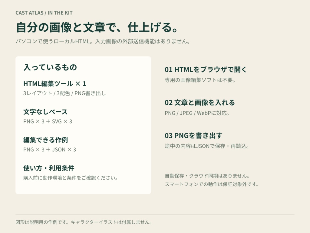 【商用利用可】CAST ATLAS|キャラクター紹介シート作成キット|3レイアウト×3配色・ブラウザで完結・PNG書き出し