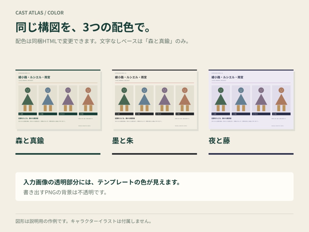 【商用利用可】CAST ATLAS|キャラクター紹介シート作成キット|3レイアウト×3配色・ブラウザで完結・PNG書き出し
