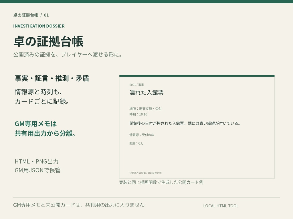 【商用利用可】卓の証拠台帳|TRPGの証拠カードをGM専用メモごと管理し、公開分だけプレイヤーへ渡すローカルHTMLツール