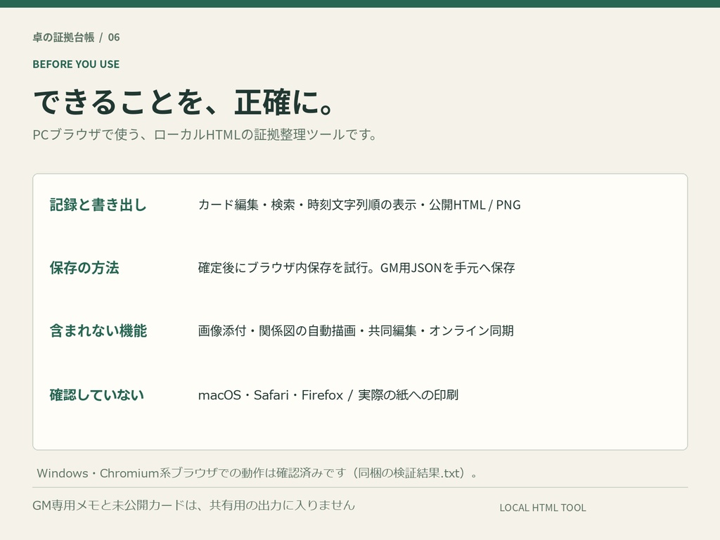 【商用利用可】卓の証拠台帳|TRPGの証拠カードをGM専用メモごと管理し、公開分だけプレイヤーへ渡すローカルHTMLツール